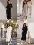 Smiley Letter Print Side Split Loose Oversized Women T‑Shirt Maxi Dress, Crew Neck Short Sleeve Casual Long Tee Dress, Soft Loungewear Nightgown, Streetwear Sundress for Daily Home Party Vacation Travel Shopping Casual Occa