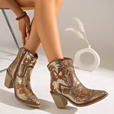 Women Pointed Toe Sequins Embroidery Western Cowboy Ankle Boots, Side Zipper Block Heel Autumn Y2K Fashion Short Heeled Booties