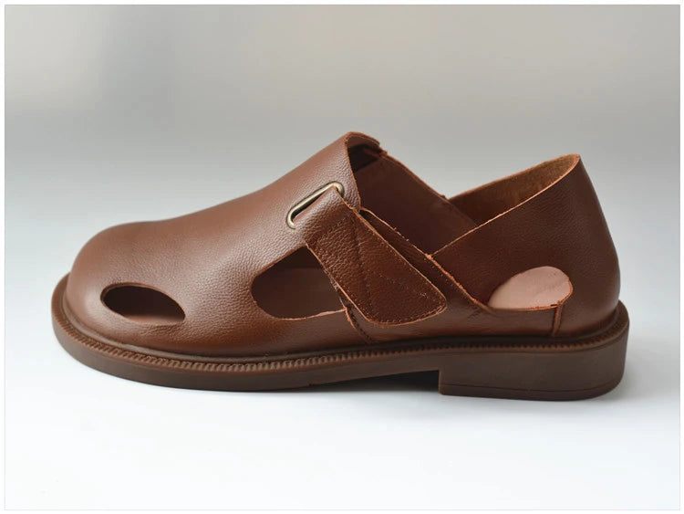 Summer Men's Shoes Flat Full Real Leather Sandal Cowhide Black Casual Old-fashioned Retro Outdoor Men's Sandals Old Man