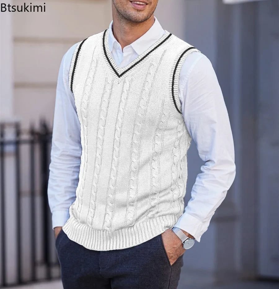 New Men's Knit V-Neck Sweater Vest Contrast Color Stripe Design Sleeveless Knitted Pullover Sweaters Men Smart Casual Waistcoats