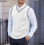 New Men's Knit V-Neck Sweater Vest Contrast Color Stripe Design Sleeveless Knitted Pullover Sweaters Men Smart Casual Waistcoats
