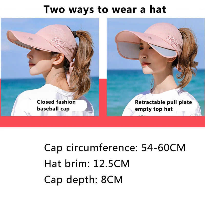Women's Sun Hat Cycling Breathable Visor Caps Female Scalable Brim Empty Top Baseball Cap Wide Brim Cap UV Protection Beach Hats