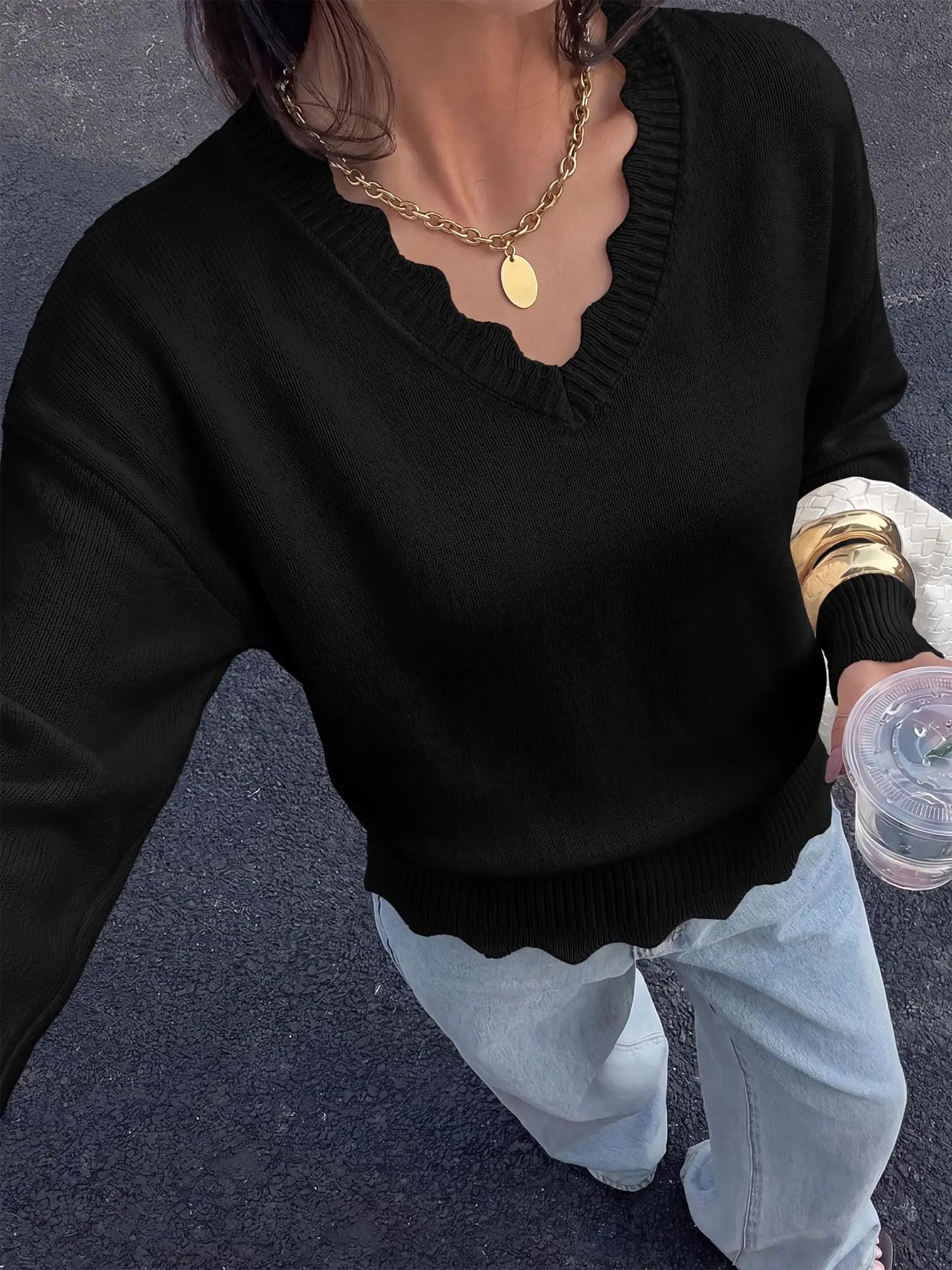 Lightweight Knit Sweaters Top For Women Daily Wear Scallop Edges V Neck Pullover Tops Autumn And Winter Long Sleeved