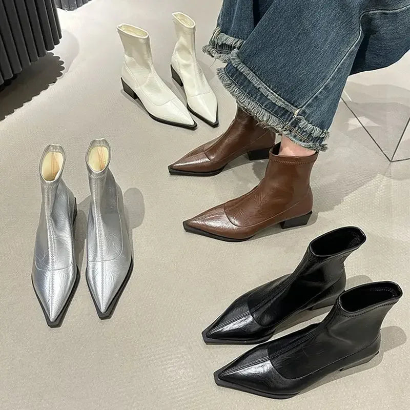 Pointed Toe Women Slim Ankle Boots Fashion Square Low Heel Ladies Elegant Back Zippers Short Booties Women's Footwear