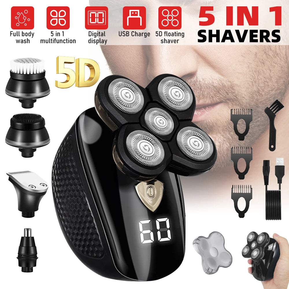 5D Floating Head Shaver for Bald Men, 5 in 1 Multifunctional Electric Shaver IPX7 Washable USB Recharge Beard Nose Trimmer Grooming Set with LED Digital Display