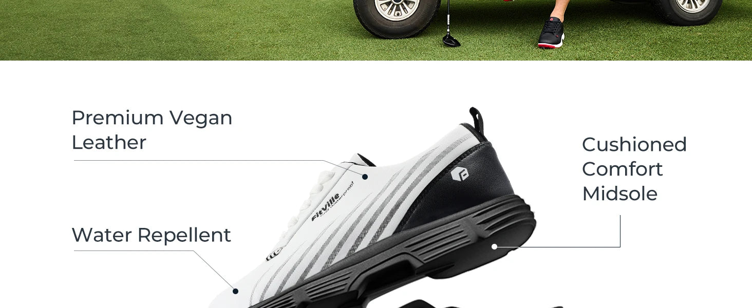 FitVille Men's Wide Toe Box Spiked Golf Shoes, Water‑Resistant Stable Anti‑Slip Outsole, Built‑In Arch Support Lightweight Comfort Golfing Sneakers