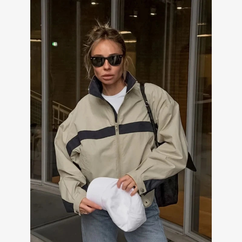 Women's Jackets Beige Black Zip Collar Crop Jacket Lapel Loose Streetwear Spring Autumn Chic Sports Outfits Short Coats 2026 New