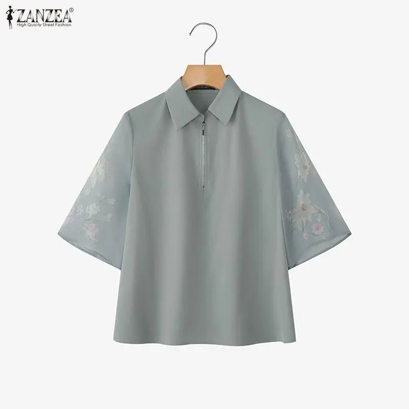 ZANZEA Summer 2026 Women's Elegant Blouses Turn-Down Collar Half-Zip Floral Print 3/4 Sleeves Patchwork Shirts Woman Clothes 3XL