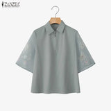 ZANZEA Summer 2026 Women's Elegant Blouses Turn-Down Collar Half-Zip Floral Print 3/4 Sleeves Patchwork Shirts Woman Clothes 3XL