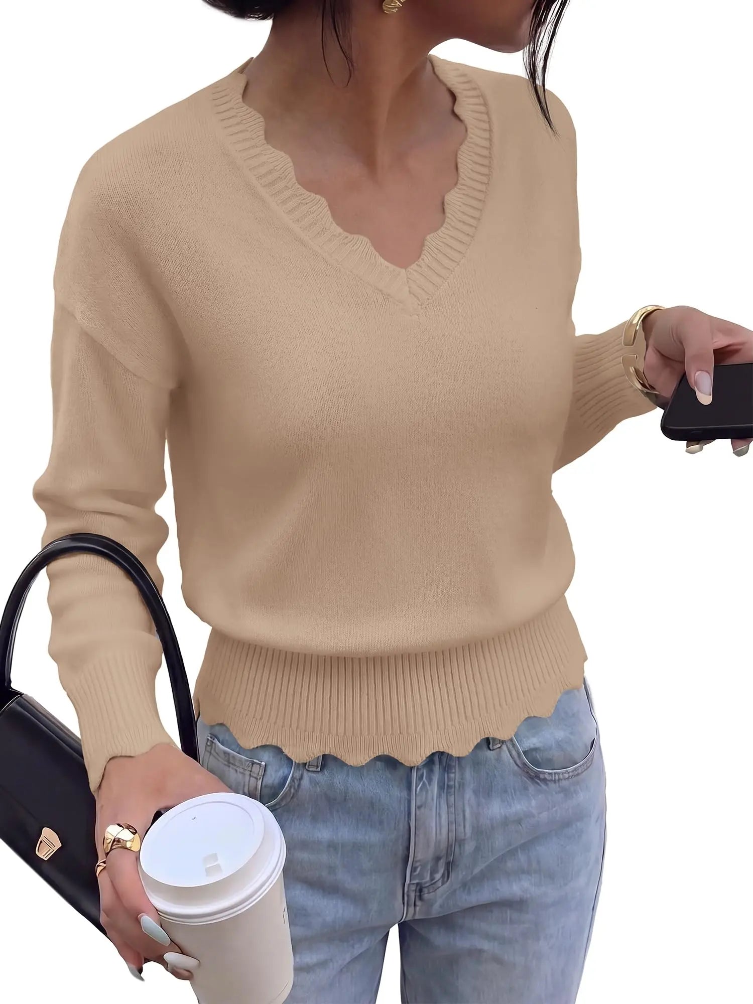 Lightweight Knit Sweaters Top For Women Daily Wear Scallop Edges V Neck Pullover Tops Autumn And Winter Long Sleeved