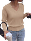 Lightweight Knit Sweaters Top For Women Daily Wear Scallop Edges V Neck Pullover Tops Autumn And Winter Long Sleeved