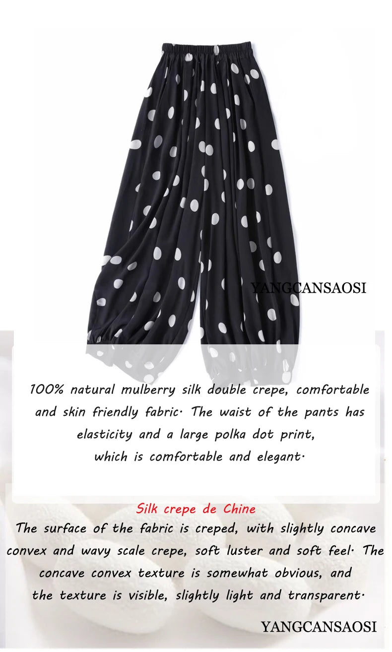 Modern Large Polka Dot 100% Natural Mulberry Silk Crepe De Chine Elastic Waist Women's Fashionable Cropped Lantern Pants