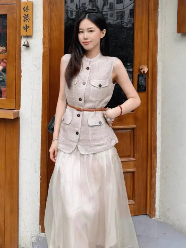 Summer Female Hollow Out O Neck Vest New Women Single Breasted Leisure Vests Fashion Thin Sleeveless Jacket Solid Color Tank Top