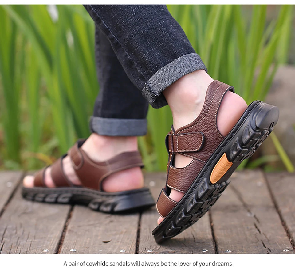 Men's New Beach Shoes Cowhide Slippers Outdoor  Non-slip Thick-soled Leather Sandals for Me