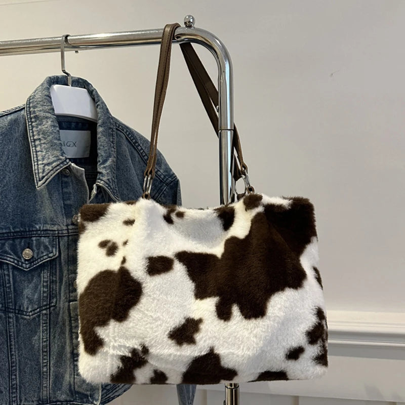 Large Capacity Shopper Bags For Women Winter Travel Tote Bag Cow Printing Plush Shoulder Bag Ladies Handbag Designer Bolsos