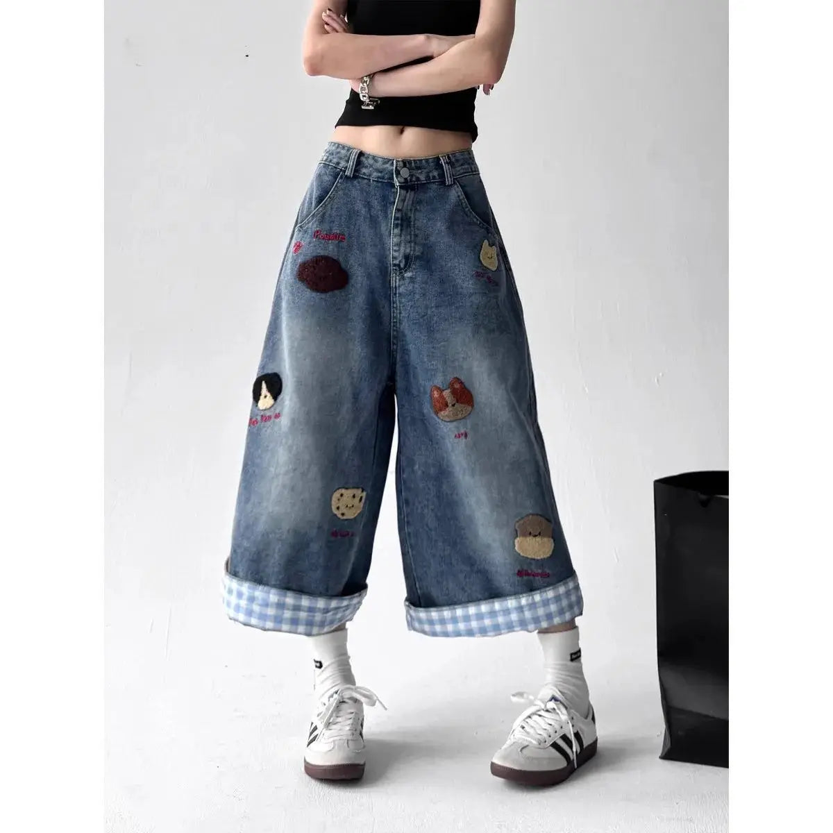 Summer Women Japanese Jorts Kawaii Embroidery Jean Shorts  Cute Core Denim Capri Pants Harajuku Wide Fit Jeans