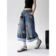 Summer Women Japanese Jorts Kawaii Embroidery Jean Shorts  Cute Core Denim Capri Pants Harajuku Wide Fit Jeans