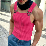 2024 Men's Tank Tops Solid Color Knitted Sleeveless Button Streetwear Casual Vests Summer Fitness Fashion Men Clothing INCERUN