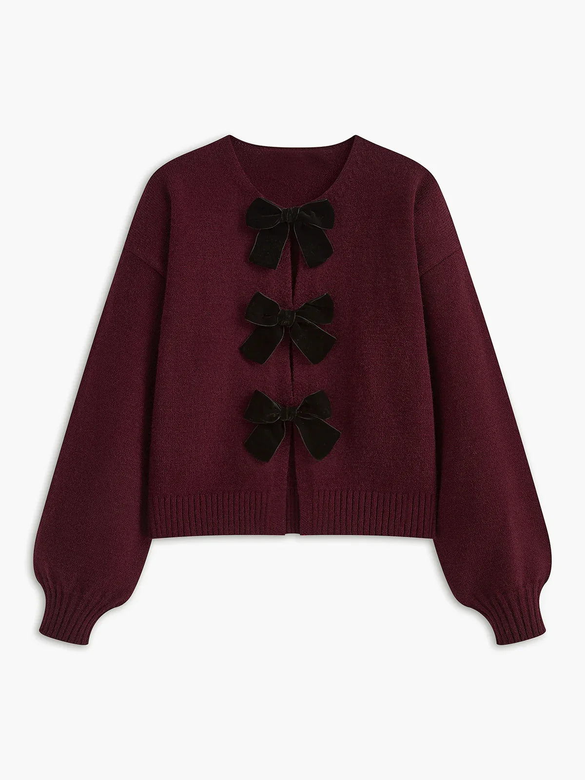 Autumn Winter Sweet Cute Coquette Women Wine Red Sweaters Cardigan Loose Lantern Sleeve Bow Knitted Fashion Female Outerwears