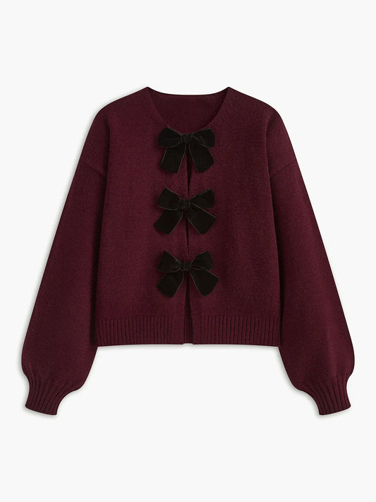 Autumn Winter Sweet Cute Coquette Women Wine Red Sweaters Cardigan Loose Lantern Sleeve Bow Knitted Fashion Female Outerwears