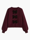 Autumn Winter Sweet Cute Coquette Women Wine Red Sweaters Cardigan Loose Lantern Sleeve Bow Knitted Fashion Female Outerwears