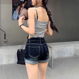 Retro Roll Up Hem Washed Denim Shorts Women Streetwear High Waist Slimming Hot Pants Korean Fashion Deep Blue Hip Wrapping Jeans