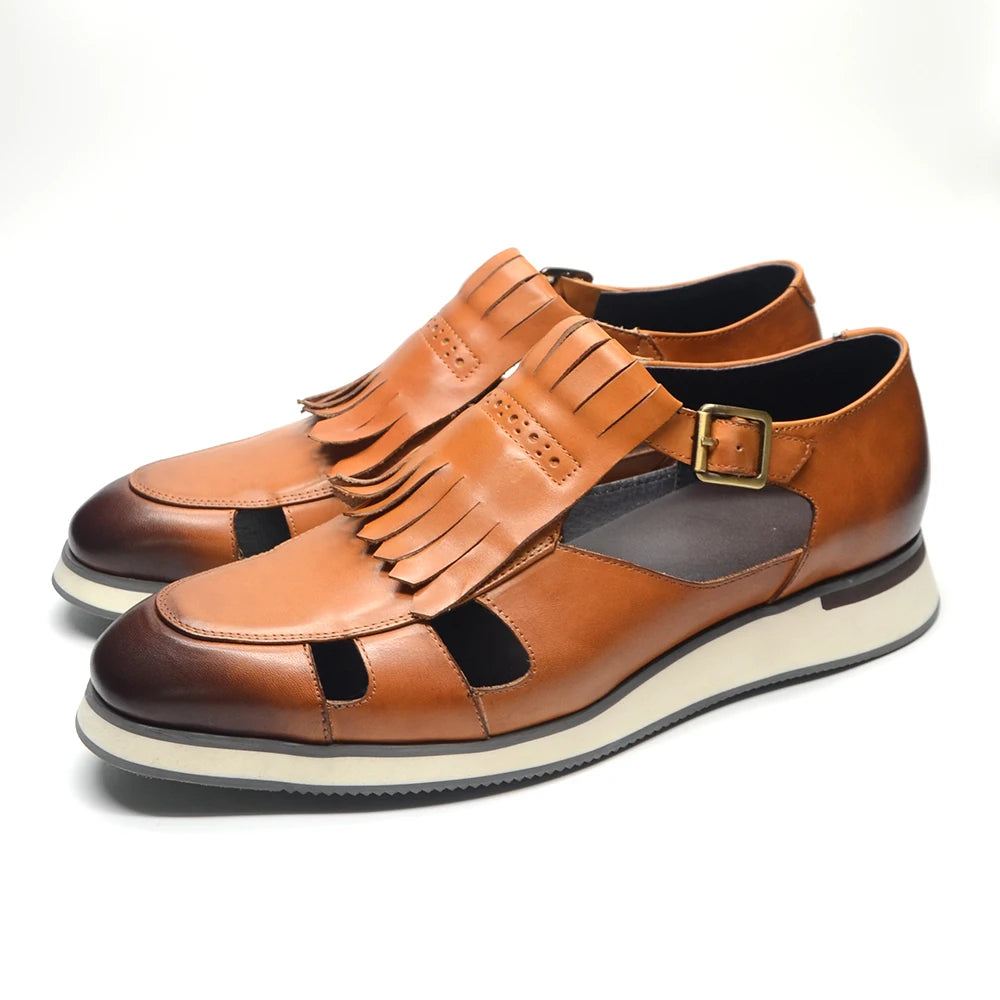 Classy Trending Mens Tassel Sandals Genuine Leather Buckle Strap Hollow Out Summer Casual Shoes for Men Comfortable Breathable
