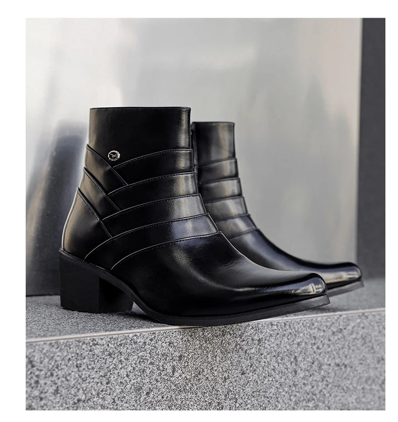 Luxury Men Boots Leather Chelsea Boots High Top Buckle Strap Formal Shoes Black British Style Ankle Boots Pointed Toe Brown Boot