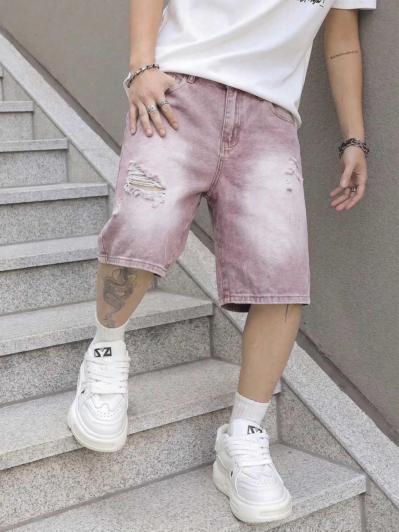 Men Vintage Baggy Distressed Denim Shorts Gradient Wash Ripped Straight High Street Trendy Casual Cargo Summer Jeans Short