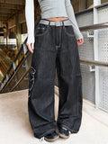 American Retro Heavy-Duty Letter Flower Embroidery Women's Loose Wide-Leg Jeans Street Fashion Fashion Versatile Black Trousers
