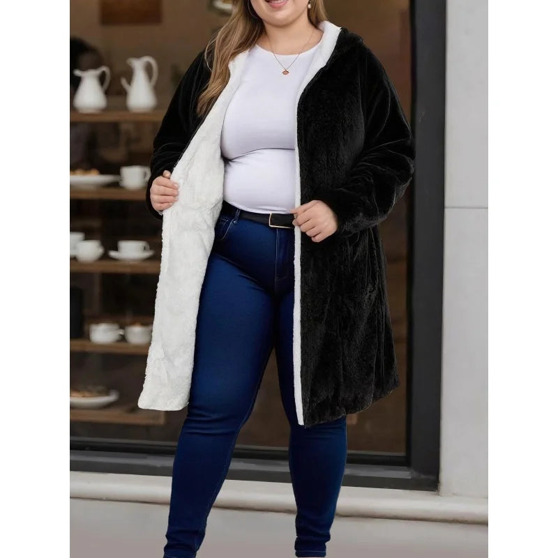 Women Fuzzy Fleece Lined Hooded Long Open Cardigan Warm Sherpa Trim Mid Length Coat With Side Pockets Loose Winter Outerwear