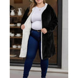 Women Fuzzy Fleece Lined Hooded Long Open Cardigan Warm Sherpa Trim Mid Length Coat With Side Pockets Loose Winter Outerwear