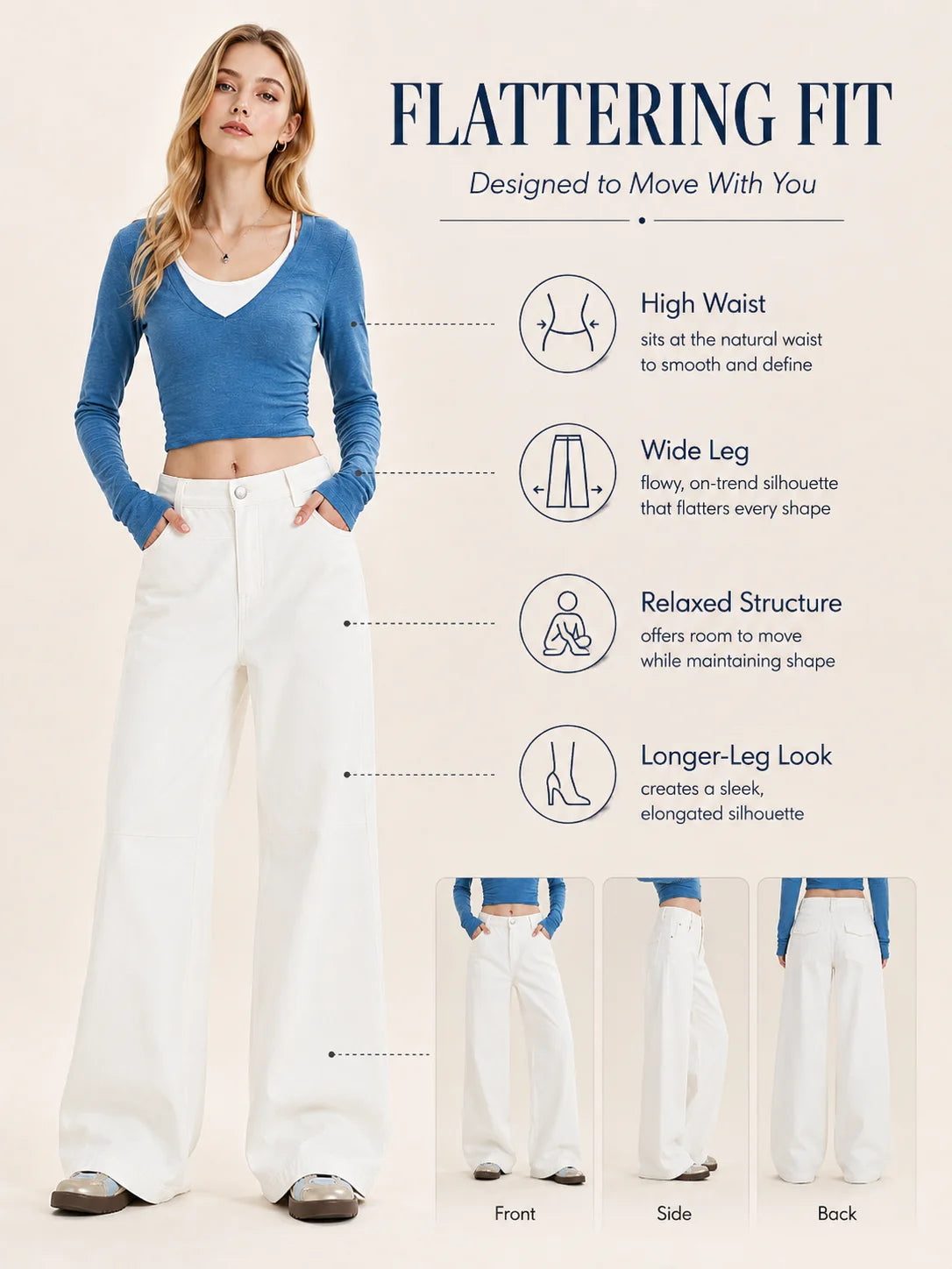 Women's White Wide Leg Jeans, High Waist Loose Baggy Denim Pants Casual Solid Color Full Length Palazzo Trousers with Pockets for Daily Street Shopping