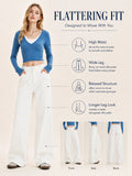 Women's White Wide Leg Jeans, High Waist Loose Baggy Denim Pants Casual Solid Color Full Length Palazzo Trousers with Pockets for Daily Street Shopping