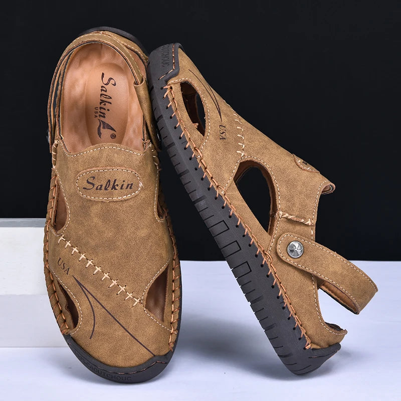 New Handmade Summer Sandals Men Breathable Leather Shoes Man Outdoor Men Sandals Antiskid Beach Sandals Hollow Shoes Fashion