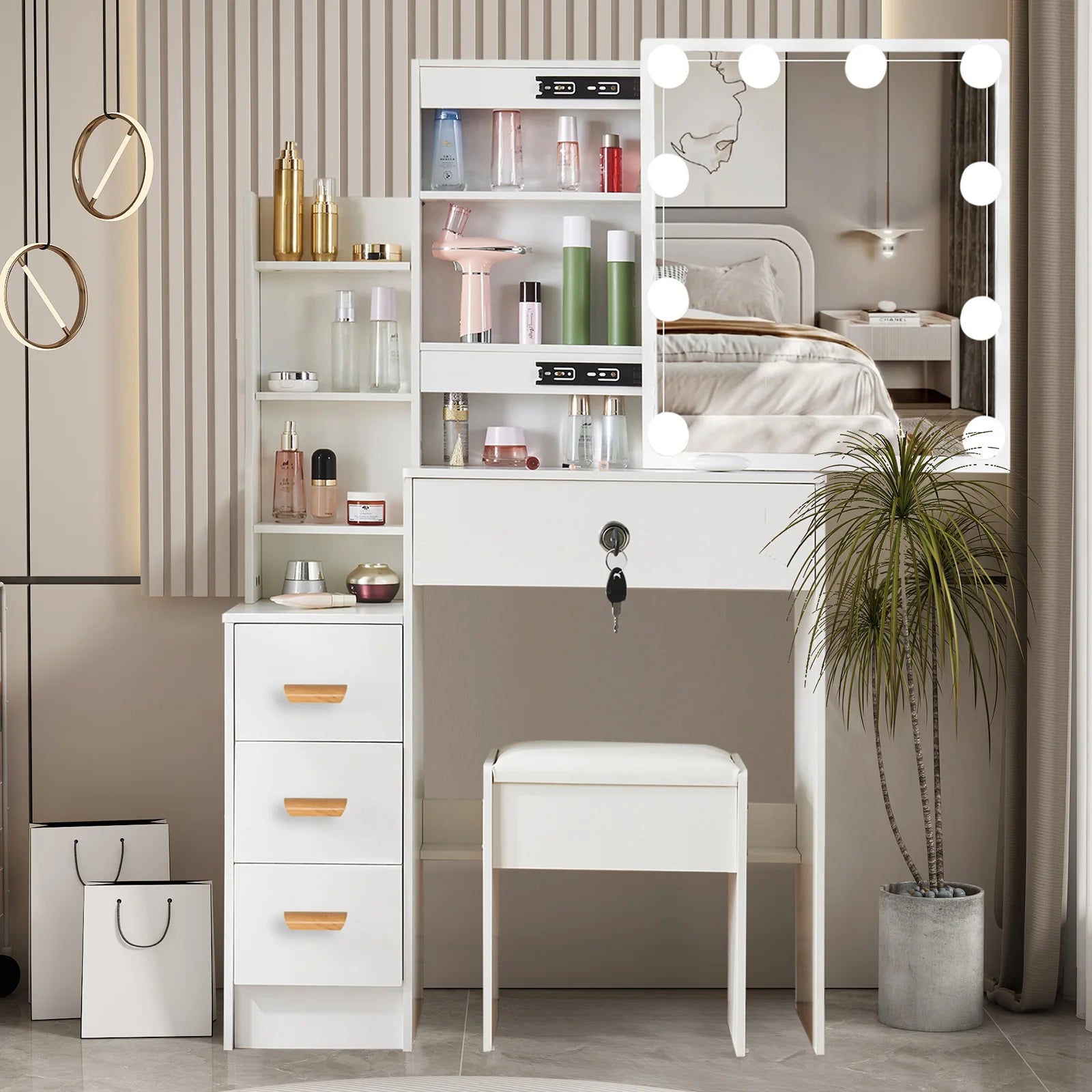 Modern White Dressing Table Stool Set with 3-Color Adjustable LED Light Mirror 4 Drawers For Bedroom Living Room Vanity Table