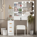 Modern White Dressing Table Stool Set with 3-Color Adjustable LED Light Mirror 4 Drawers For Bedroom Living Room Vanity Table