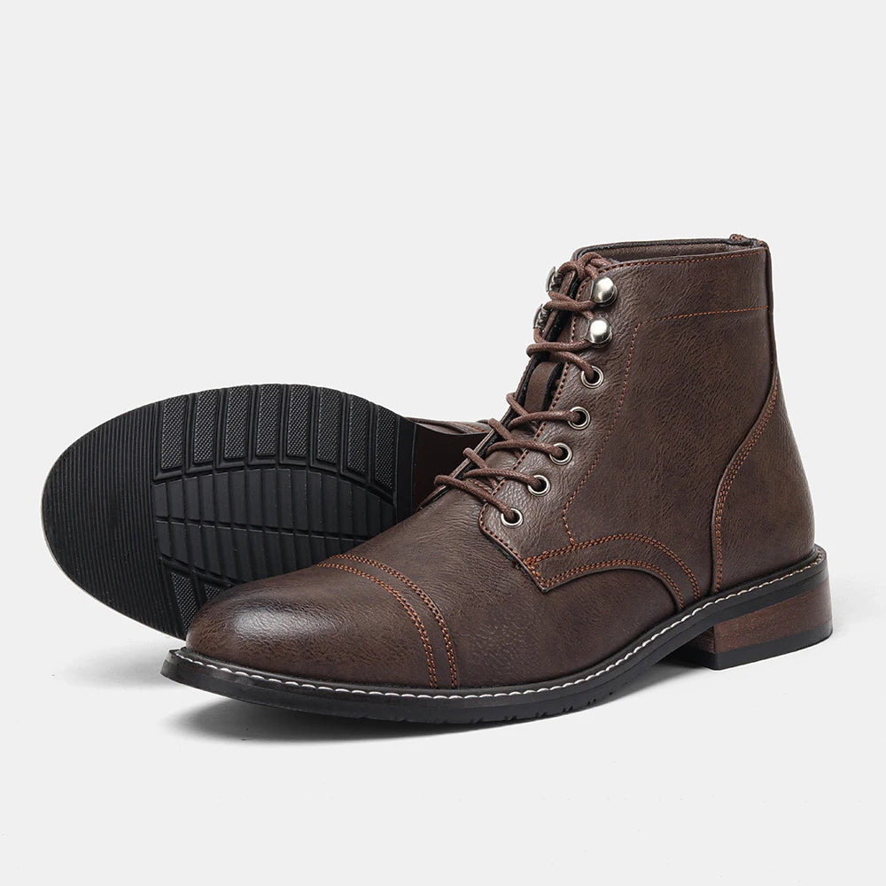 CAPTAIN ANKLE BOOTS Men's Vintage Combat Boots Lace-Up Cap Toe Ankle BOOTS