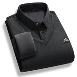 Men's Fleece Lined Sweater Polo Collar Pullover Tops Fake Two Piece Fashion Business Causal Pullovers Thick Winter Clothes