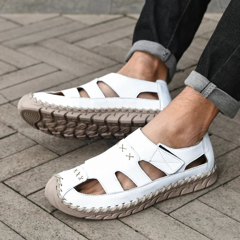 Outdoor Summer Man Sandals Stylish Leather Mens Beach Shoes Outdoor Men  Roman Flats Hollow Out Sandalias New Wading Aqua Shoes