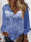 New Shiny Sequin Patchwork Office Loose Blouse Summer Autumn Long Sleeve Solid Women Shirt Casual V-neck Lady Top Pullover