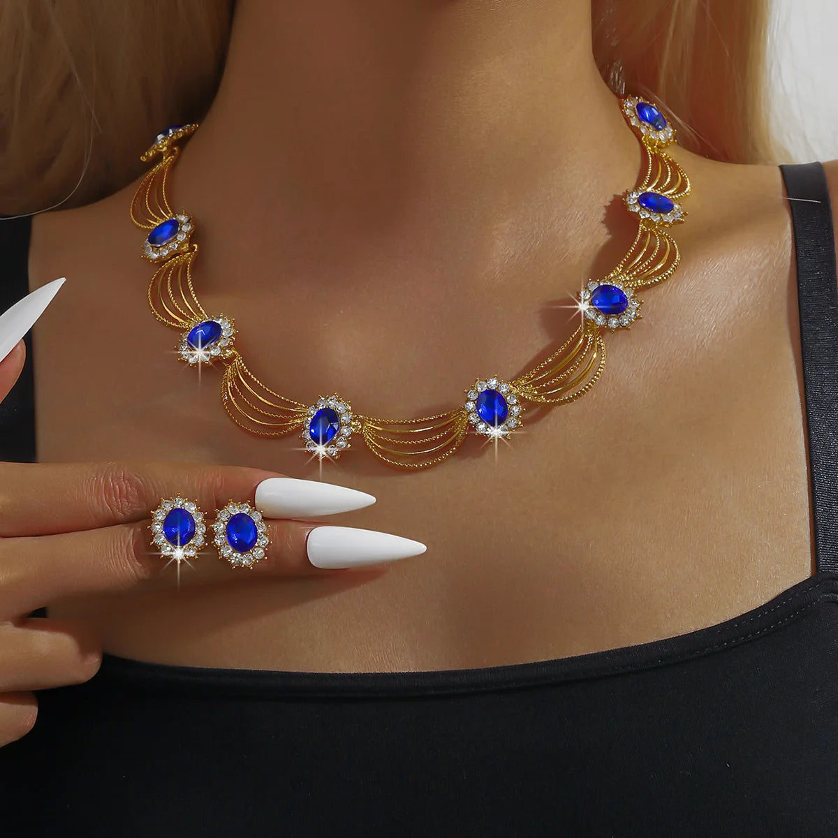 Luxury and High-End Retro Gemstone Necklace Earrings, Bride's Wedding Banquet Jewelry Set, Date, Birthday, Dinner Party