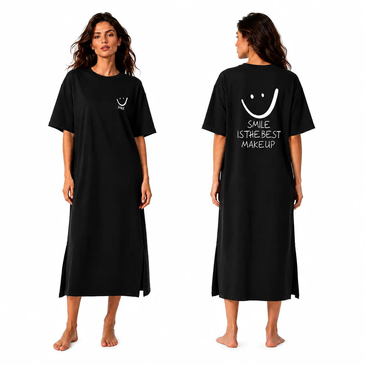 Smiley Letter Print Side Split Loose Oversized Women T‑Shirt Maxi Dress, Crew Neck Short Sleeve Casual Long Tee Dress, Soft Loungewear Nightgown, Streetwear Sundress for Daily Home Party Vacation Travel Shopping Casual Occa