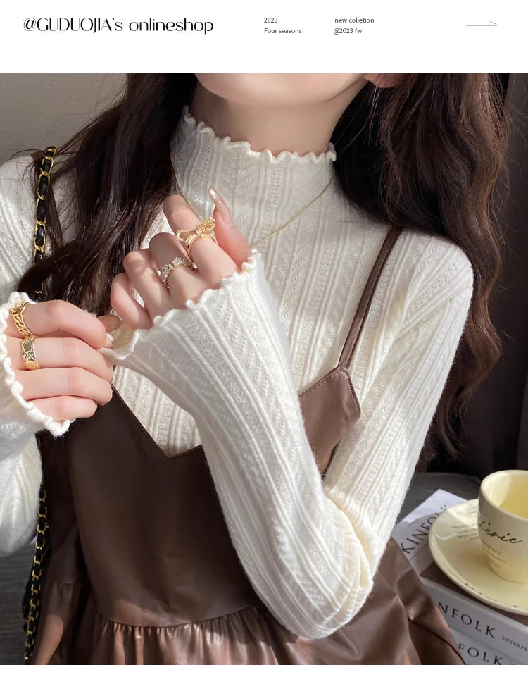 2026 Ruched Turtleneck Women Sweaters Autumn Winter Warm Pullover Slim Tops Knitted Sweater Jumper Soft Pull Female