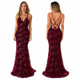 Sexy Sequin Floral Mermaid Evening Gown for Women Deep V Neck Spaghetti Strap Formal Prom Dress Floor Length Tulle Wedding Guest Party Ball Gown