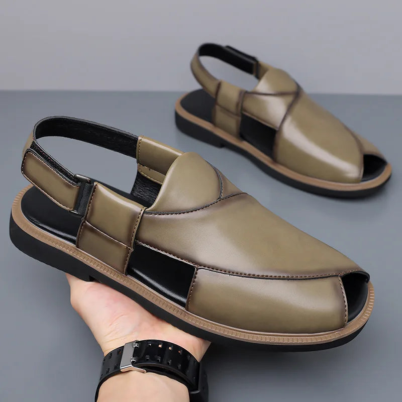 PU Leather Men's Sandals Handmade Stitching Beach Shoes Non Slip Hollow Out Shoes Outdoor Casual Sandaly All-match Man Sandalias