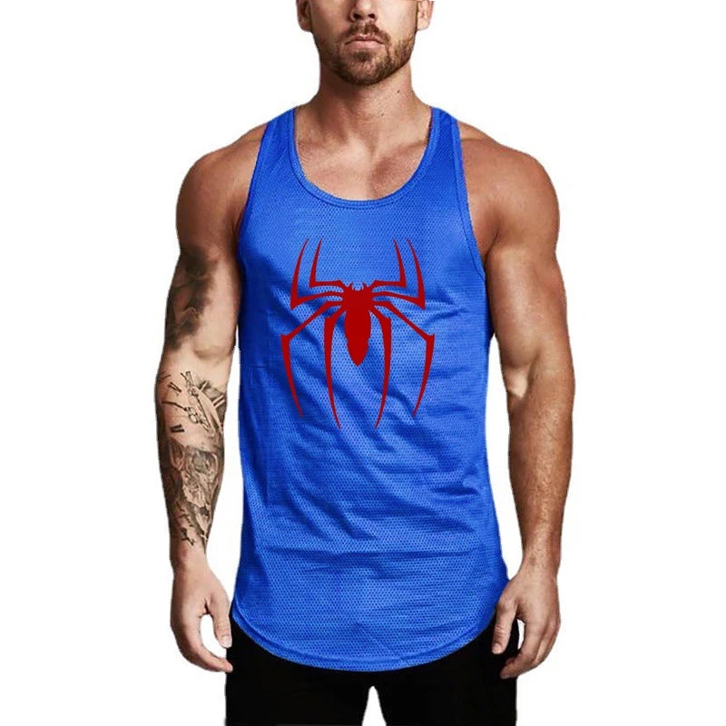 Gym Bodybuilding Summer Absorb Sweat Shirts Mesh Breathable Quick Dry Sleeveless Vests Mens Workout Fitness Red Spider Tank Tops