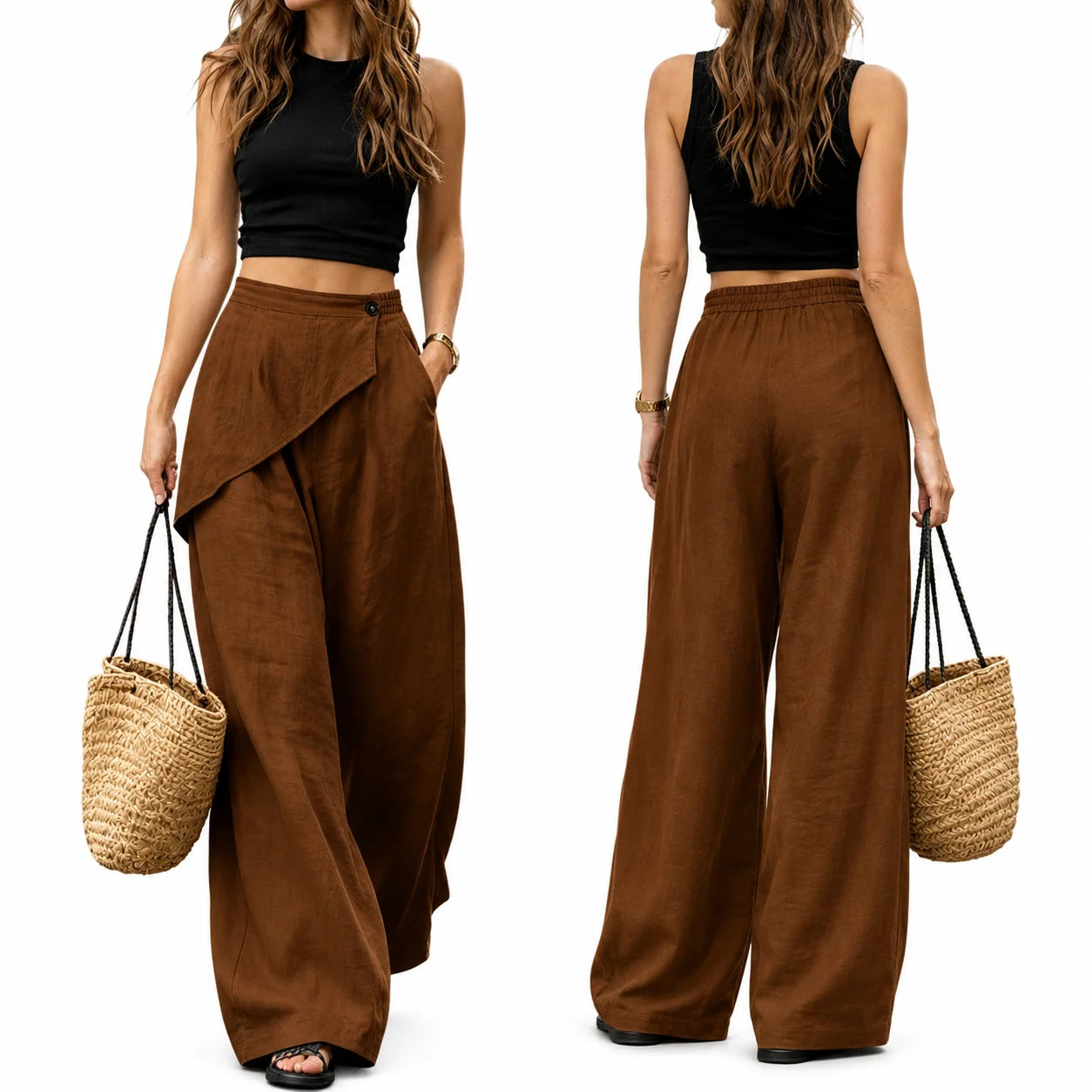 Women Wrap Front Linen Wide Leg Pants, High Waist Elastic Back Waist Culottes with Pockets, Casual Loose Fit Trousers for Summer Beach Daily Streetwear