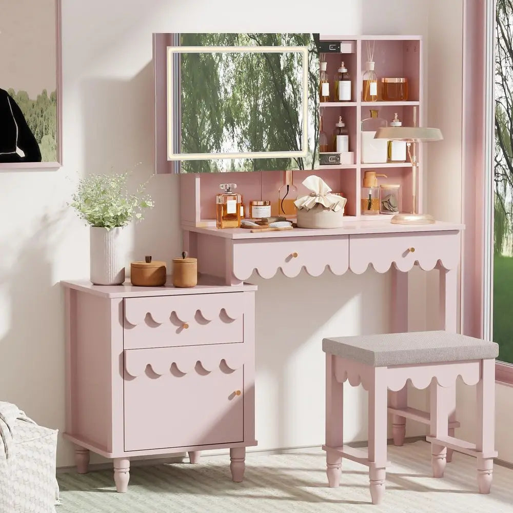 Makeup Vanity Desk With 3 Color Touch Screen Lighted Sliding Mirror, Scalloped Large Vanity Table Set with Storage amp Drawers