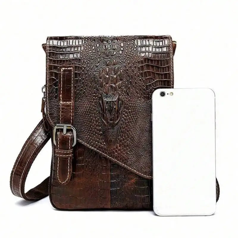 Flap‑over Business Men Crossbody Shoulder Bag, Crocodile Texture First Layer Cowhide Genuine Leather Messenger Bag for Office & Daily Commute